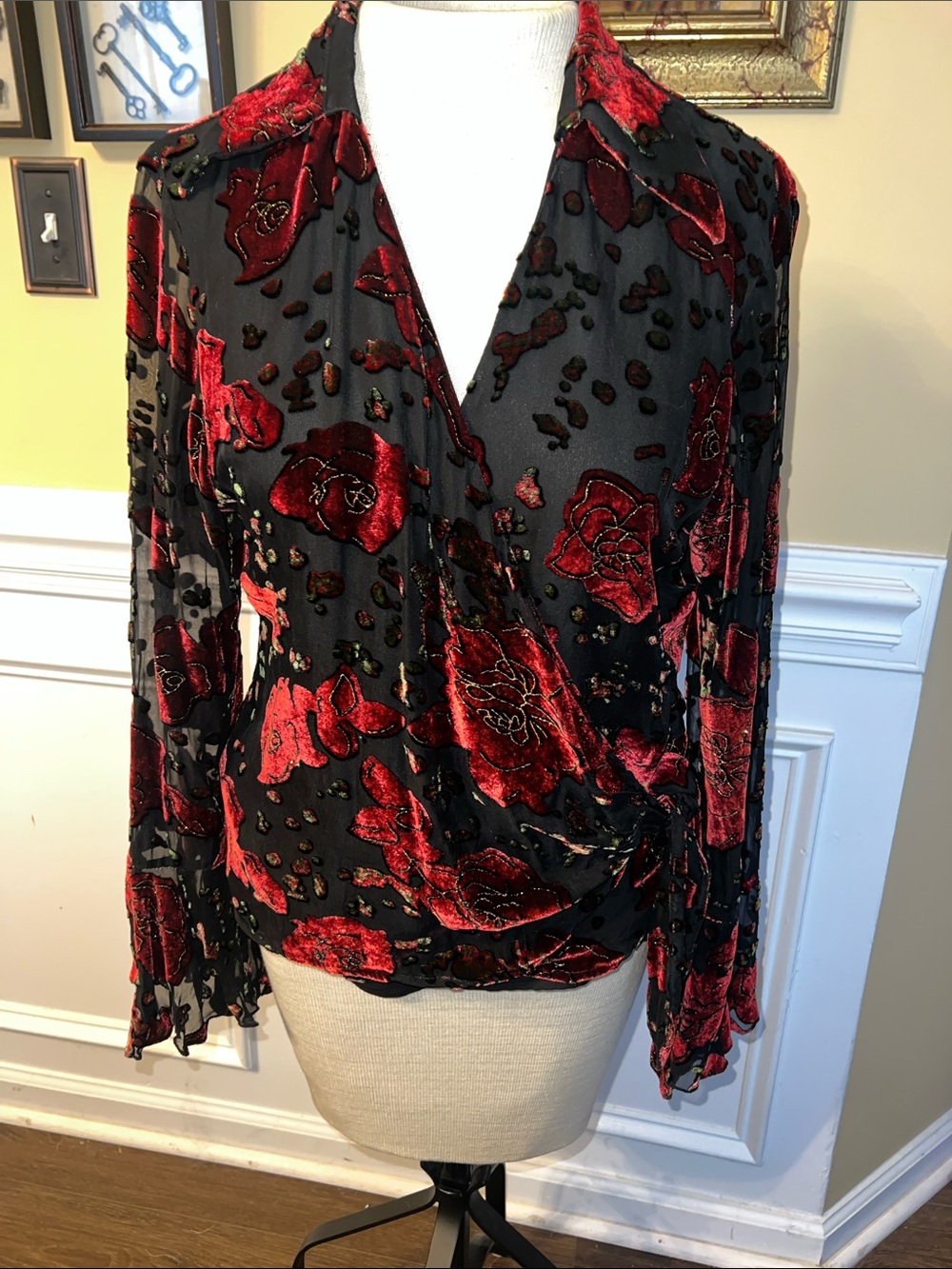 Dress Barn Black Blouse with Red Velvet Floral Burnout - Picture 5 of 6